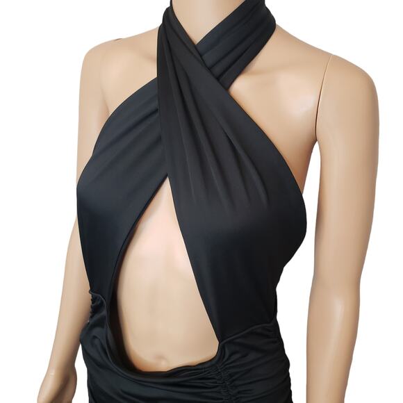 Munya5add New Blush Mark Ruched Midi Dress Black Halter‎ Tie Back Criss Cross L - Picture 6 of 12